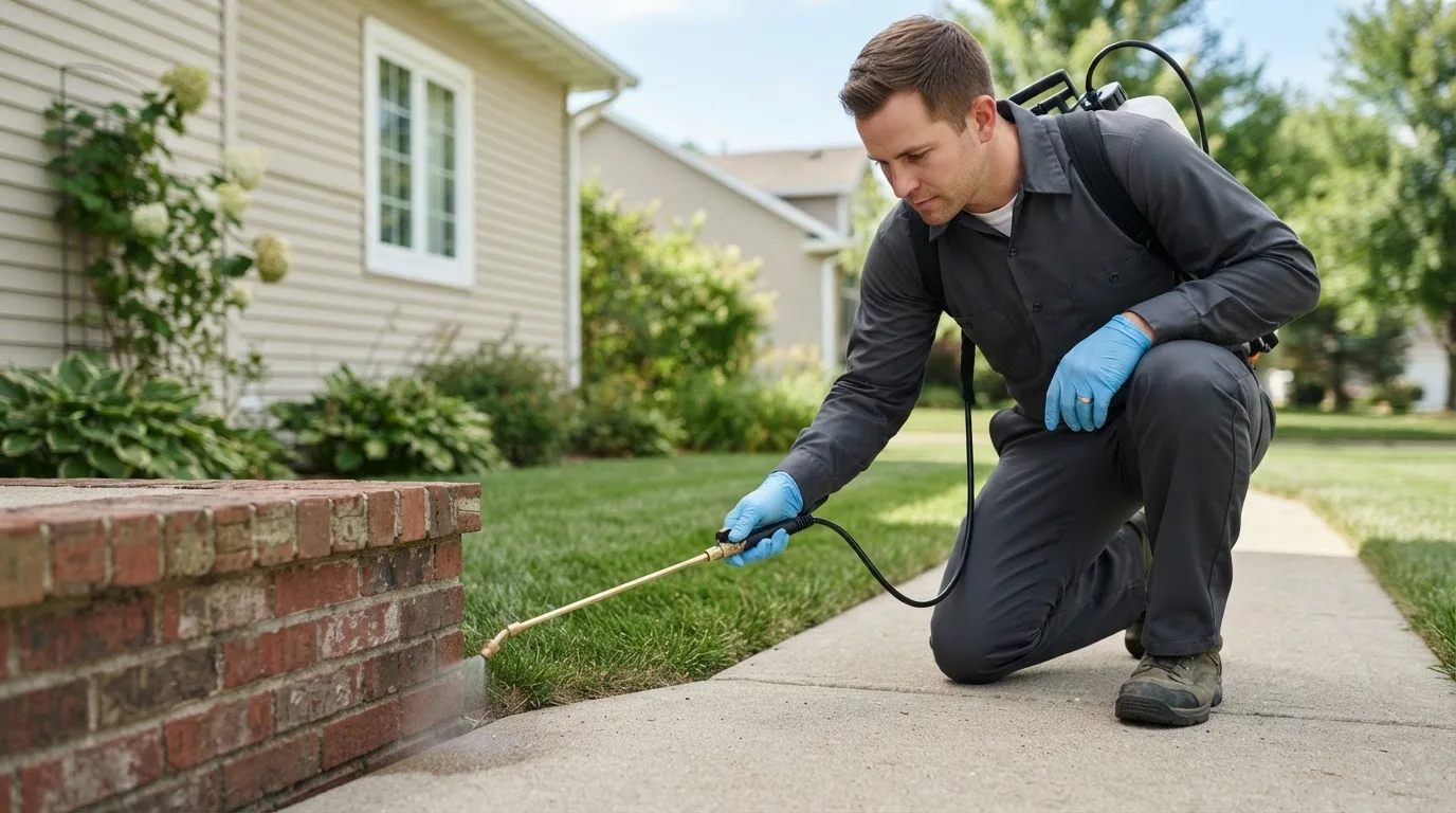 Pest control technician treating a home near Foster, MO